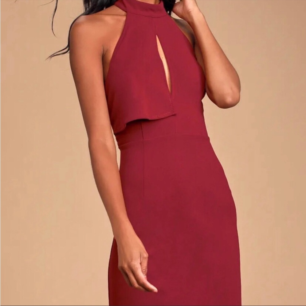 Lulu’s Rayleigh Burgundy lace bodycon dress